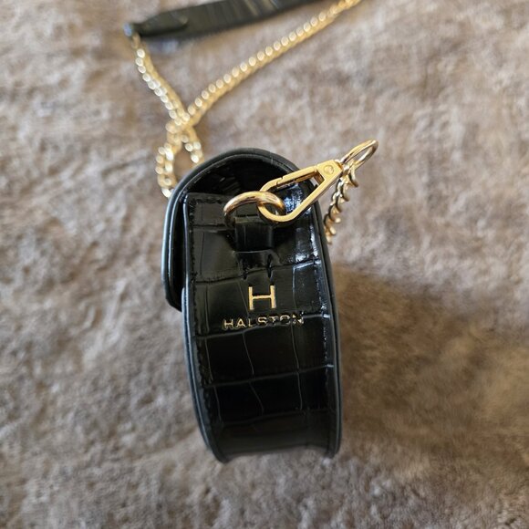 Halston Black Croc Embossed Faux Leather Crossbody Bag Gold Chain H Logo - Picture 10 of 14
